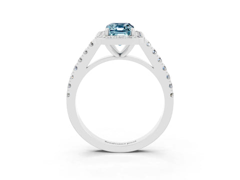 White gold Emerald Cut Halo Diamond Ring with Pavé Band and Three-Prong Setting_15
