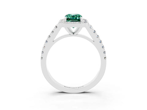 White gold Emerald Cut Halo Diamond Ring with Pavé Band and Three-Prong Setting_15