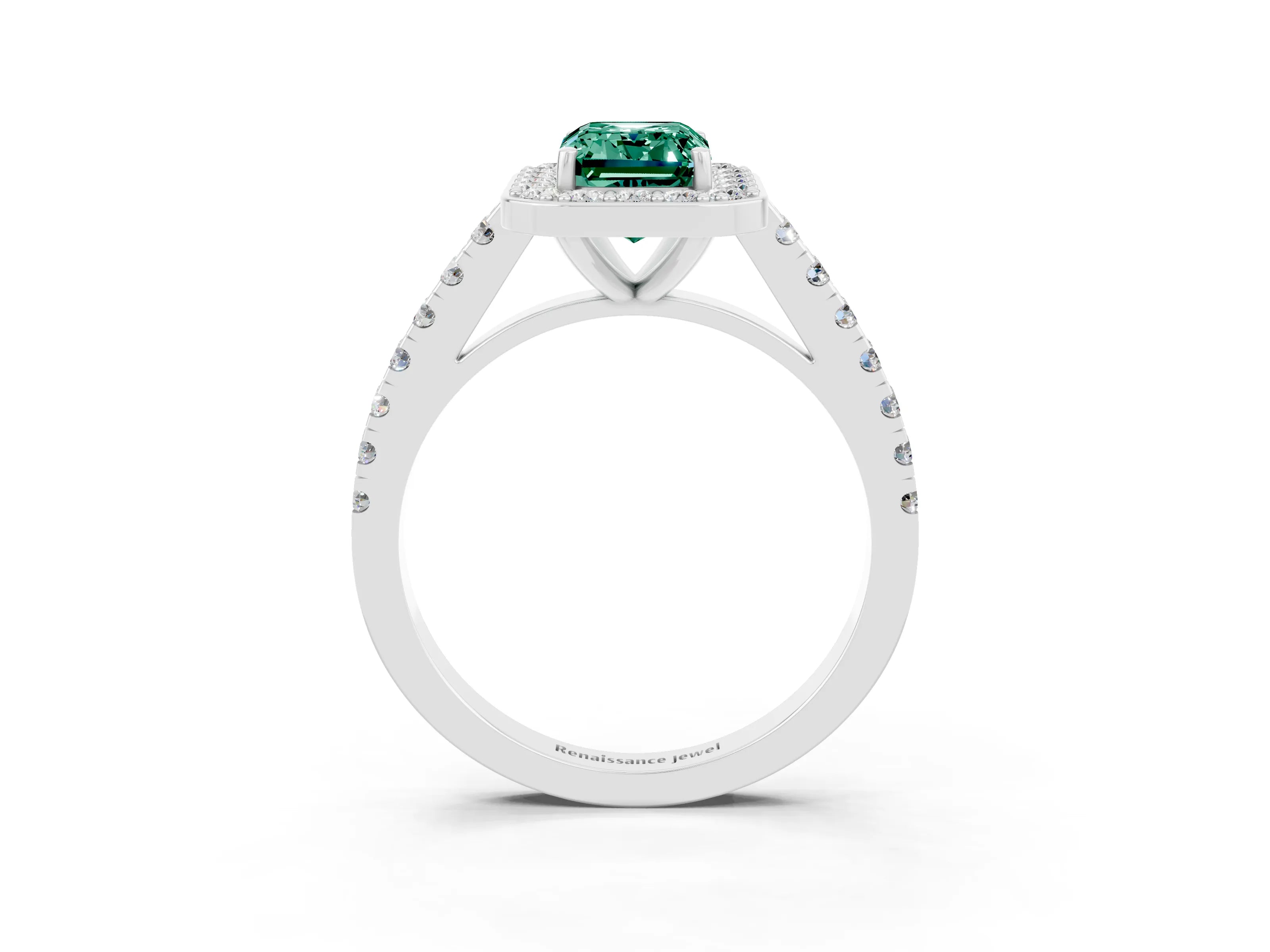 White gold Emerald Cut Halo Diamond Ring with Pavé Band and Three-Prong Setting_15