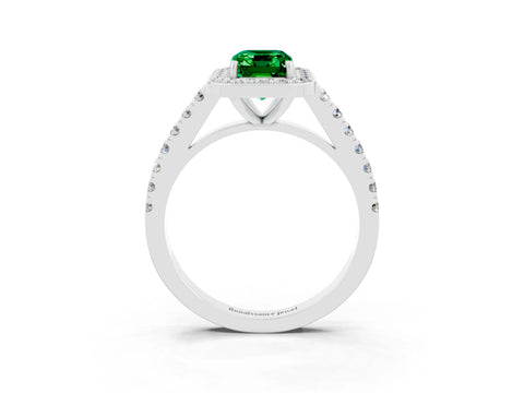 White gold Emerald Cut Halo Diamond Ring with Pavé Band and Three-Prong Setting_15