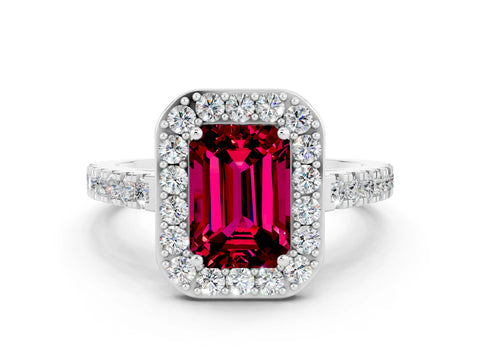 White gold Emerald Cut Halo Diamond Ring with Pavé Band and Three-Prong Setting