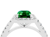 White gold Emerald Cut Halo Diamond Ring with Pavé Band and Three-Prong Setting_16
