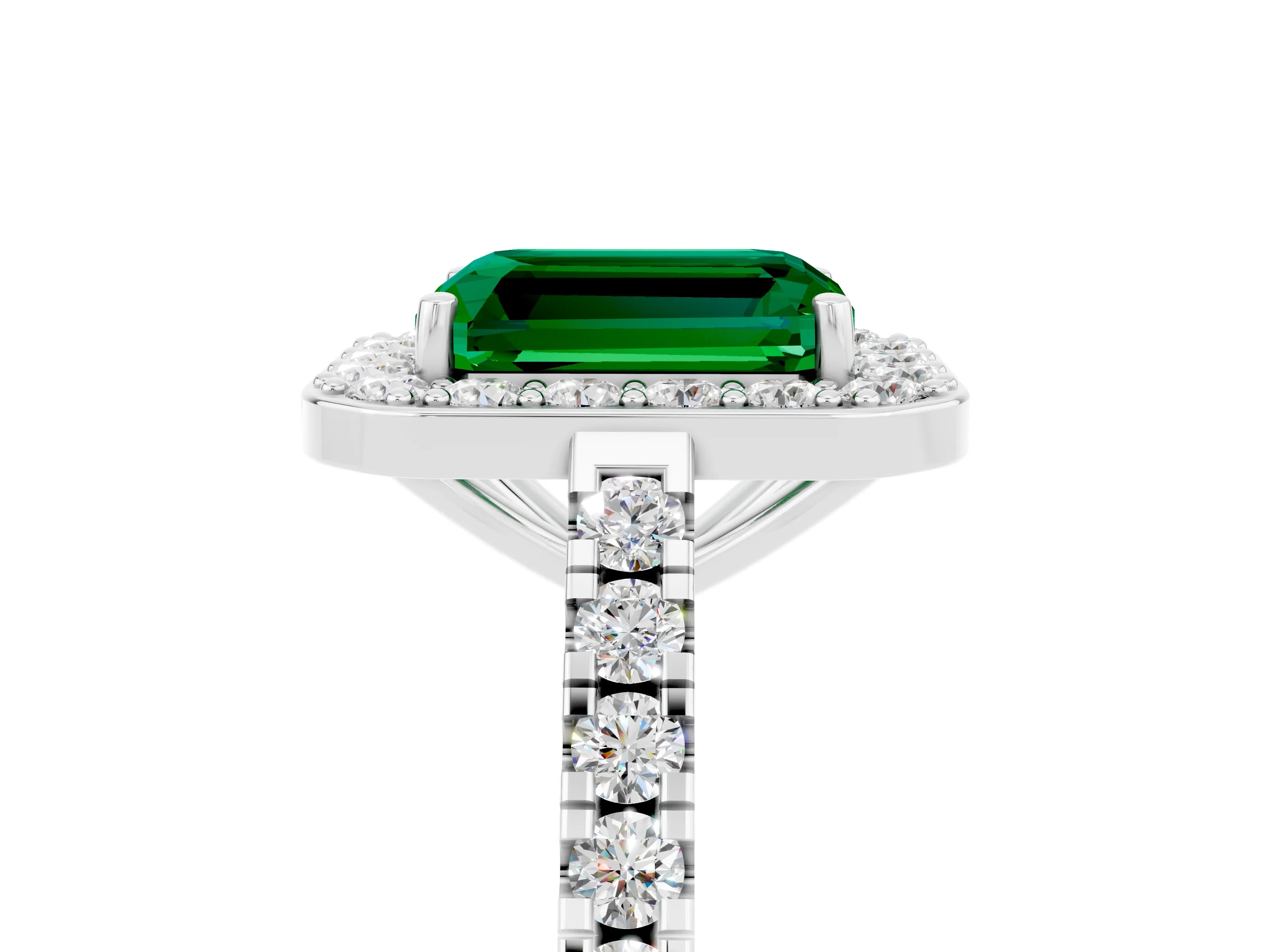 White gold Emerald Cut Halo Diamond Ring with Pavé Band and Three-Prong Setting_16