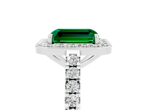 White gold Emerald Cut Halo Diamond Ring with Pavé Band and Three-Prong Setting_16