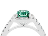 White gold Emerald Cut Halo Diamond Ring with Pavé Band and Three-Prong Setting_16