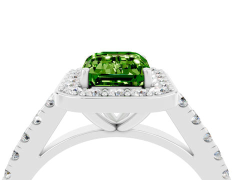 White gold Emerald Cut Halo Diamond Ring with Pavé Band and Three-Prong Setting_16