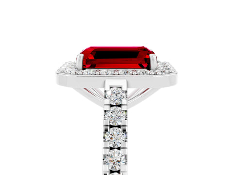 White gold Emerald Cut Halo Diamond Ring with Pavé Band and Three-Prong Setting_17