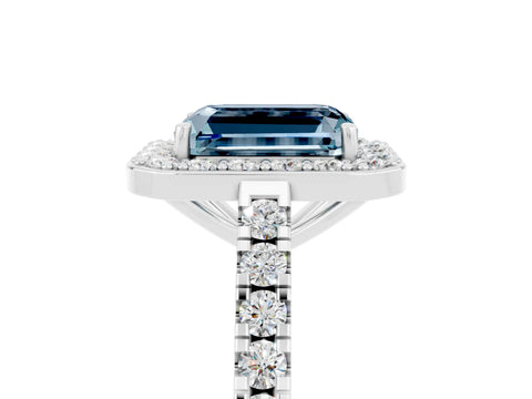 White gold Emerald Cut Halo Diamond Ring with Pavé Band and Three-Prong Setting_17