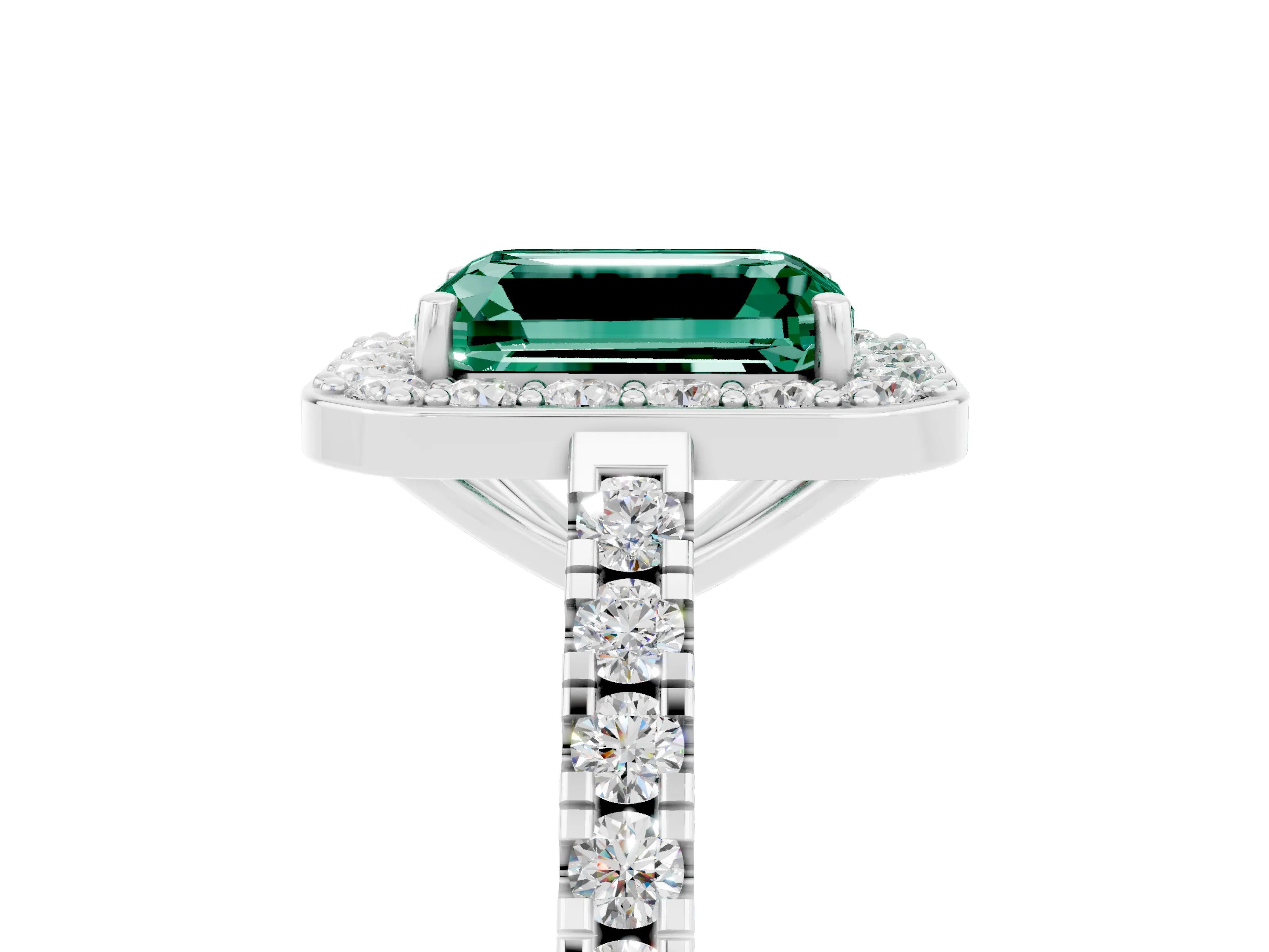White gold Emerald Cut Halo Diamond Ring with Pavé Band and Three-Prong Setting_17