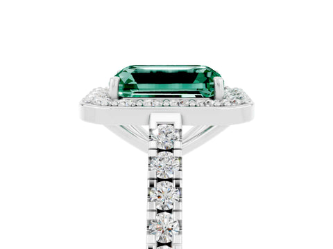 White gold Emerald Cut Halo Diamond Ring with Pavé Band and Three-Prong Setting_17