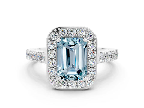 White gold Emerald Cut Halo Diamond Ring with Pavé Band and Three-Prong Setting_18