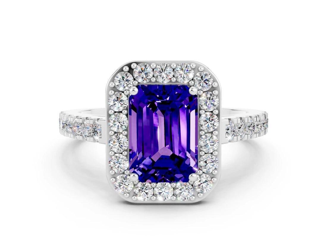White gold Emerald Cut Halo Diamond Ring with Pavé Band and Three-Prong Setting