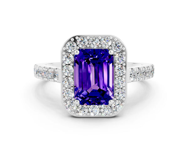 Platinum Emerald Cut Tanzanite Halo Ring with Round Pavé Split Shank and Prong Setting