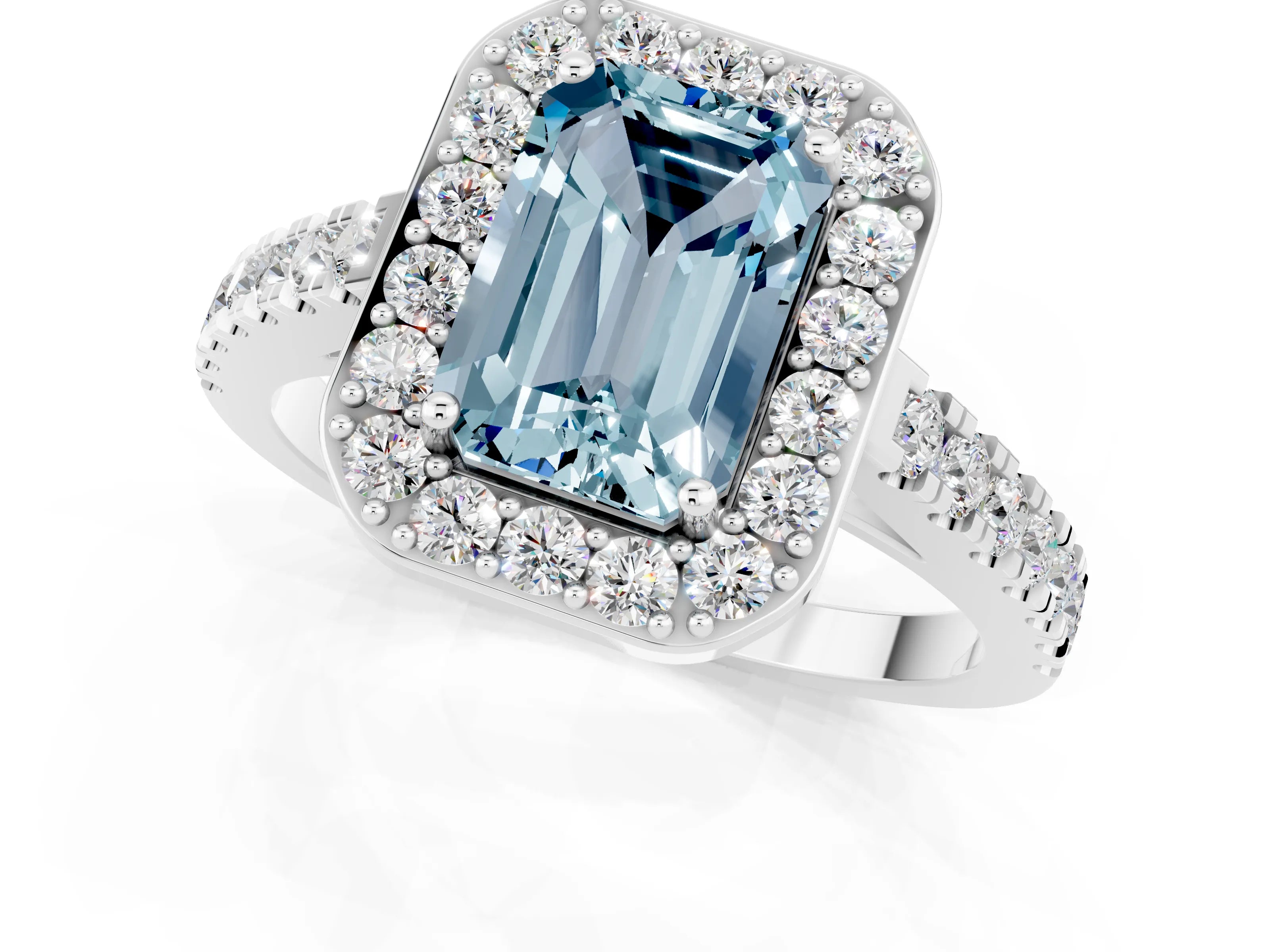 White gold Emerald Cut Halo Diamond Ring with Pavé Band and Three-Prong Setting_19