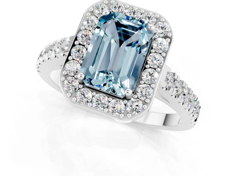 White gold Emerald Cut Halo Diamond Ring with Pavé Band and Three-Prong Setting_19
