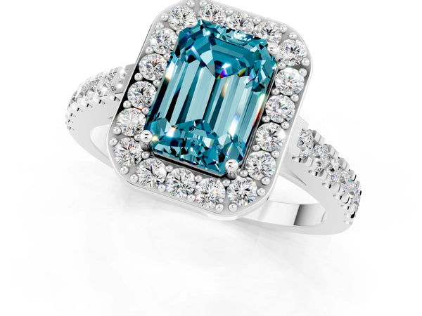 White gold Emerald Cut Halo Diamond Ring with Pavé Band and Three-Prong Setting
