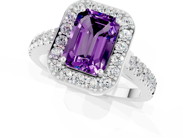 Silver Emerald Cut Amethyst Halo Ring with Round Pavé Split Shank and Prong Setting