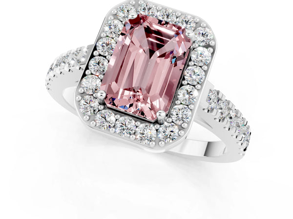 Platinum Emerald Cut Halo Diamond Ring with Pavé Band and Three-Prong Setting