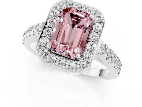 White gold Emerald Cut Halo Diamond Ring with Pavé Band and Three-Prong Setting_1