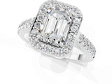 White gold Emerald Cut Halo Diamond Ring with Pavé Band and Three-Prong Setting_1