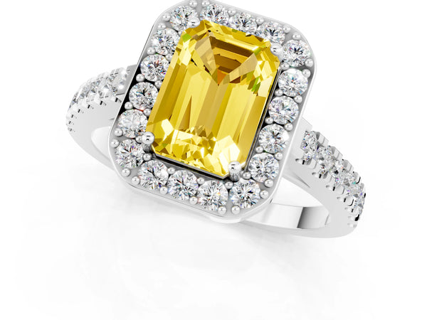 White gold Emerald Cut Yellow Sapphire Halo Ring with Round Pavé Split Shank and Prong Setting