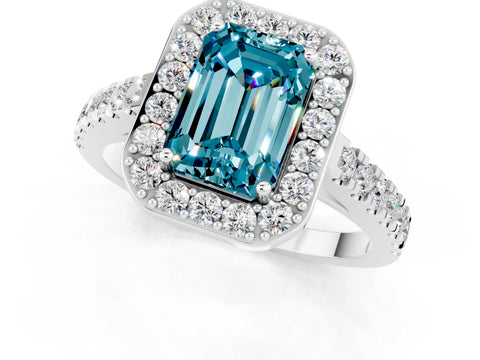White gold Emerald Cut Halo Diamond Ring with Pavé Band and Three-Prong Setting_1