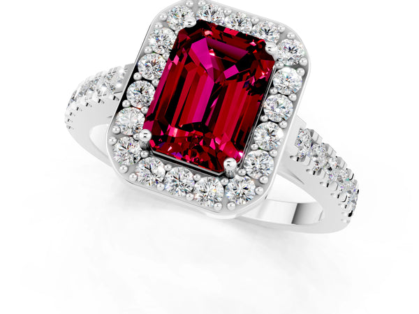 White gold Emerald Cut Garnet Halo Ring with Round Pavé Split Shank and Prong Setting