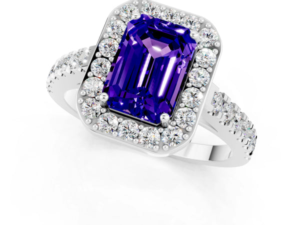Silver Emerald Cut Tanzanite Halo Ring with Round Pavé Split Shank and Prong Setting