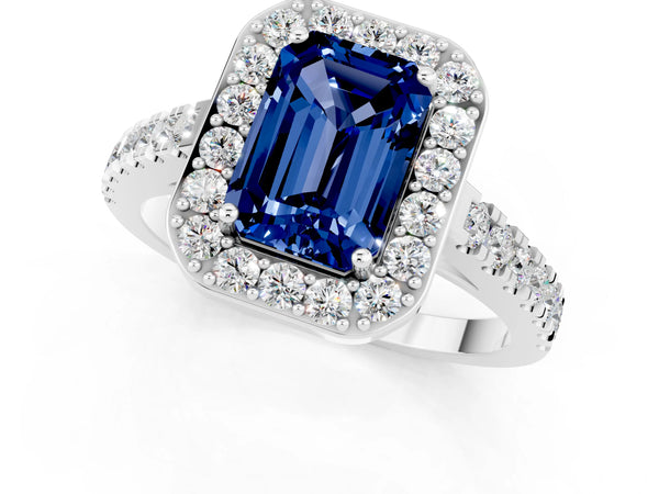 Silver Emerald Cut Blue Sapphire Halo Ring with Round Pavé Split Shank and Prong Setting