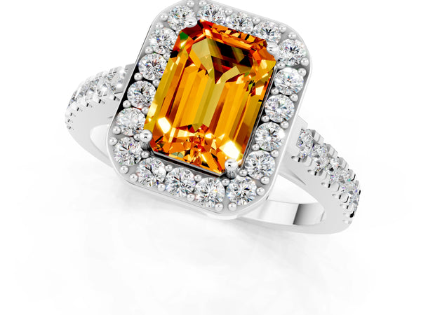 Silver Emerald Cut Citrine Halo Ring with Round Pavé Split Shank and Prong Setting