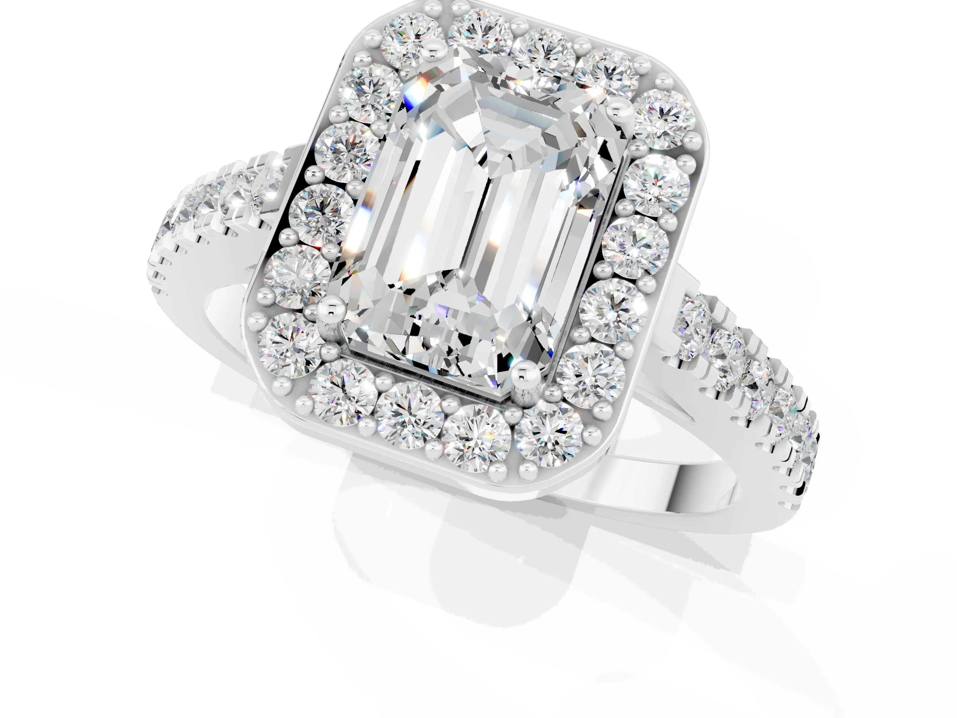 White gold Emerald Cut Halo Diamond Ring with Pavé Band and Three-Prong Setting_1