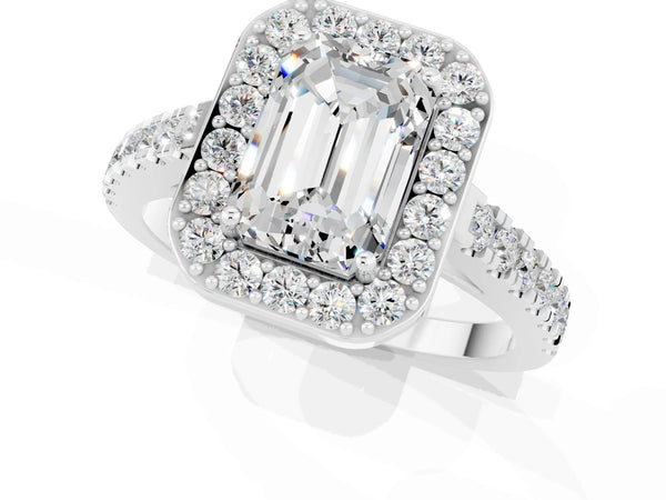 Platinum Emerald Cut Moissanite Halo Ring with Round Pavé Split Shank and Prong Setting