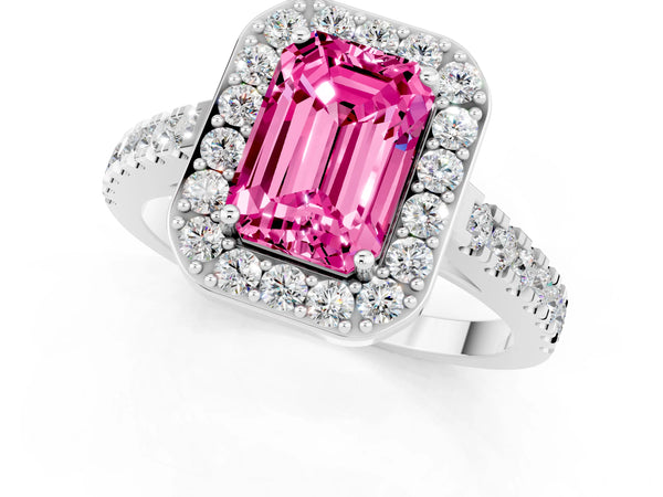 Silver Emerald Cut Pink Sapphire Halo Ring with Round Pavé Split Shank and Prong Setting
