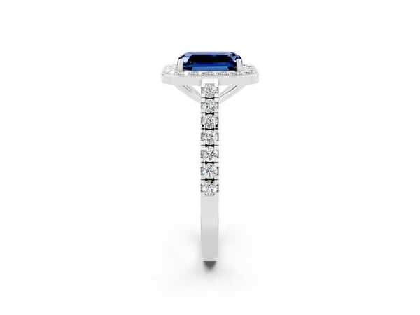 Platinum Emerald Cut Blue Sapphire Halo Ring with Round Pavé Split Shank and Prong Setting