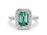 White gold Emerald Cut Halo Diamond Ring with Pavé Band and Three-Prong Setting_20