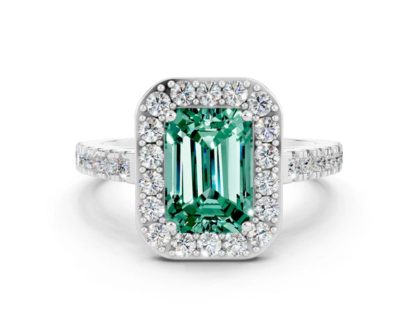 White gold Emerald Cut Green Sapphire Halo Ring with Round Pavé Split Shank and Prong Setting
