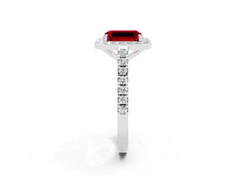 White gold Emerald Cut Halo Diamond Ring with Pavé Band and Three-Prong Setting_20