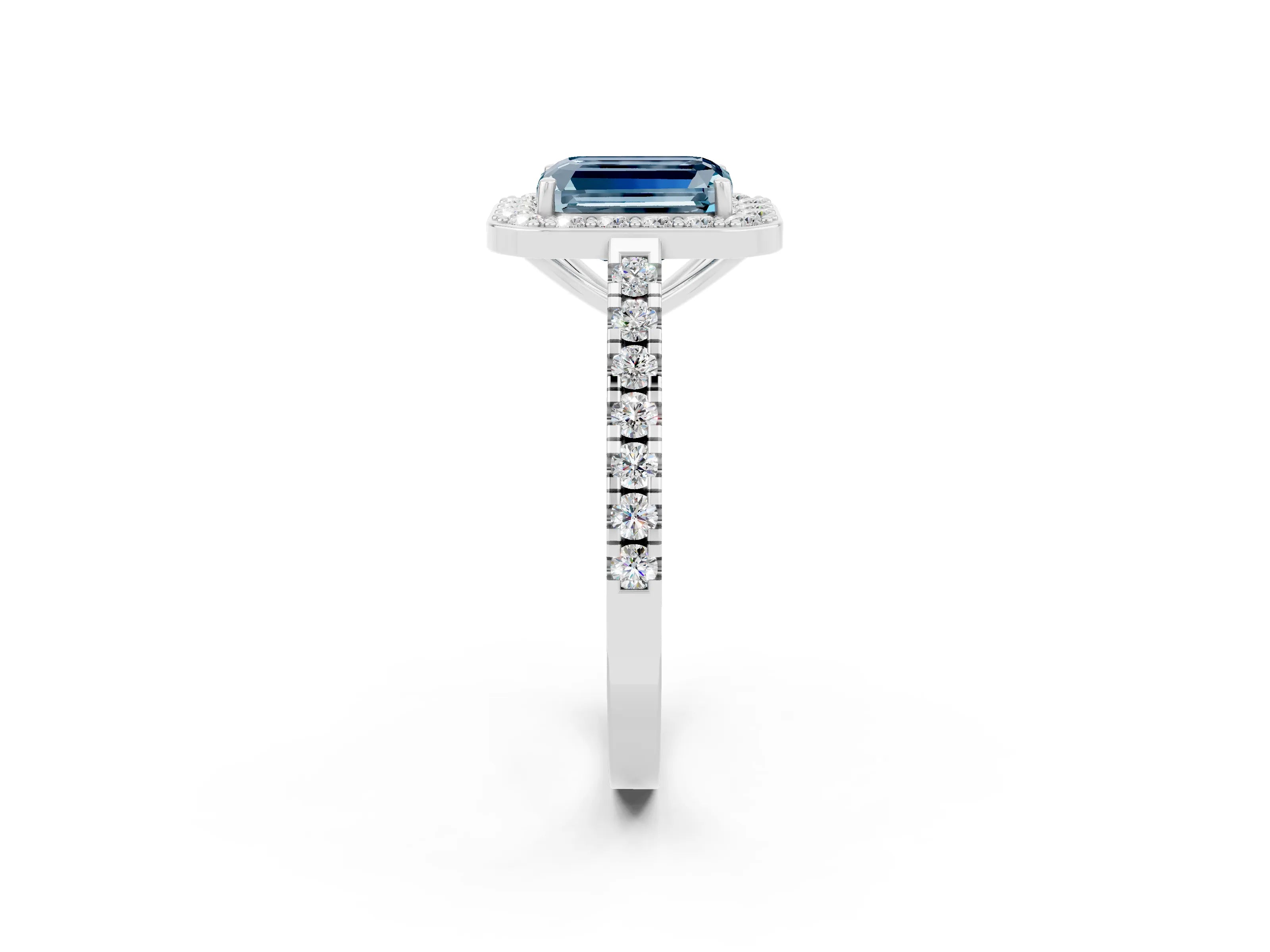 White gold Emerald Cut Halo Diamond Ring with Pavé Band and Three-Prong Setting_20