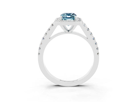 White gold Emerald Cut Halo Diamond Ring with Pavé Band and Three-Prong Setting_21