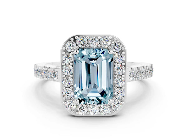 Silver Emerald Cut Aquamarine Halo Ring with Round Pavé Split Shank and Prong Setting