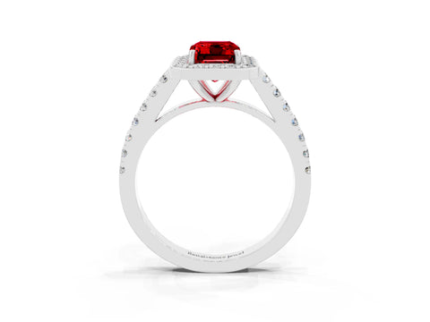 White gold Emerald Cut Halo Diamond Ring with Pavé Band and Three-Prong Setting_21