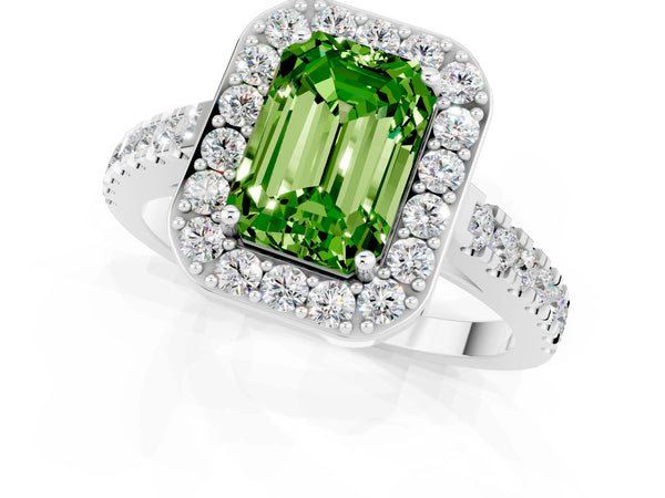 Silver Emerald Cut Halo Diamond Ring with Pavé Band and Three-Prong Setting