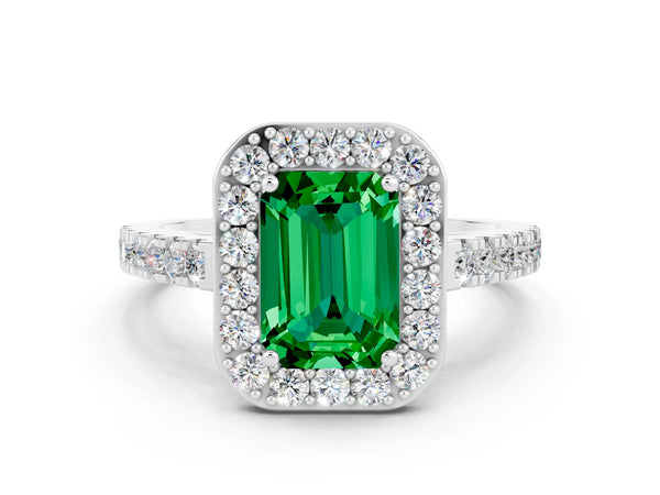 Platinum Emerald Cut Emerald Halo Ring with Round Pavé Split Shank and Prong Setting