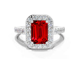 White gold Emerald Cut Halo Diamond Ring with Pavé Band and Three-Prong Setting_24