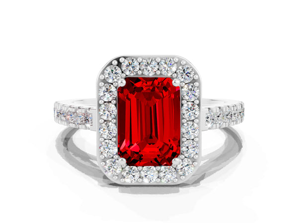 Platinum Emerald Cut Ruby Halo Ring with Round Pavé Split Shank and Prong Setting