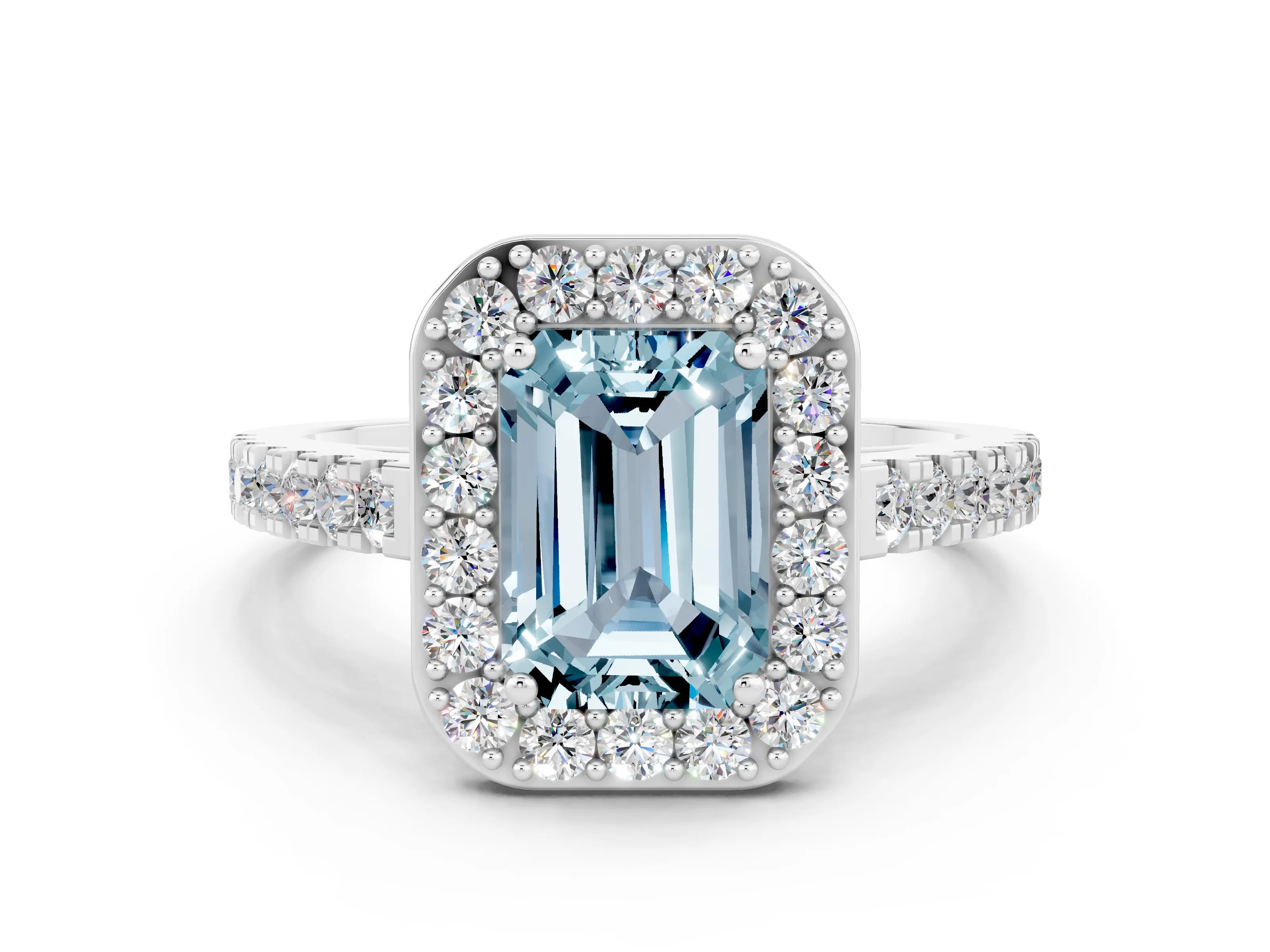 White gold Emerald Cut Halo Diamond Ring with Pavé Band and Three-Prong Setting_24