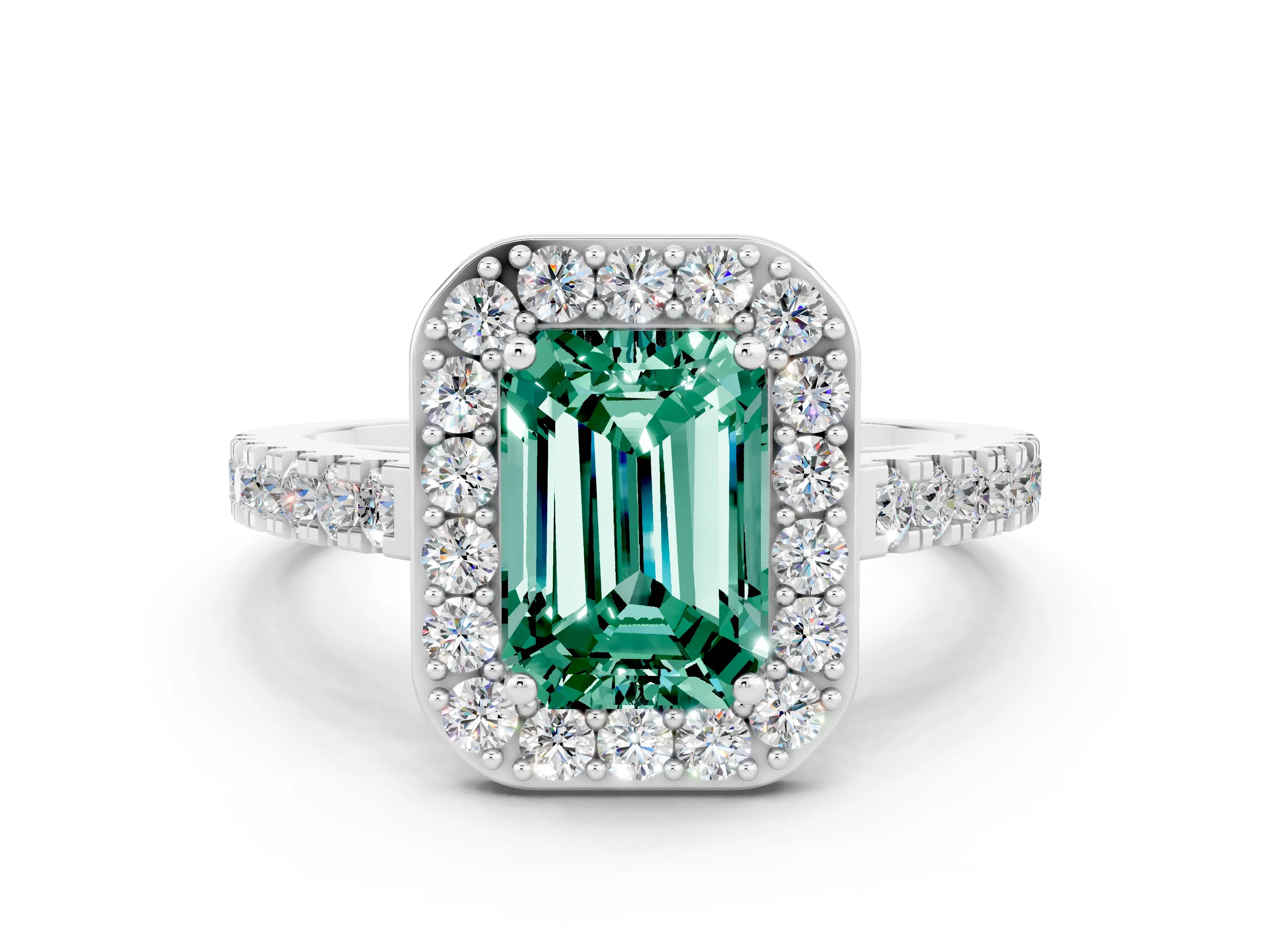 White gold Emerald Cut Halo Diamond Ring with Pavé Band and Three-Prong Setting_24