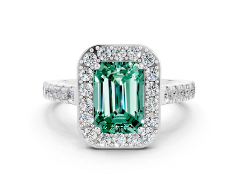 White gold Emerald Cut Halo Diamond Ring with Pavé Band and Three-Prong Setting_24