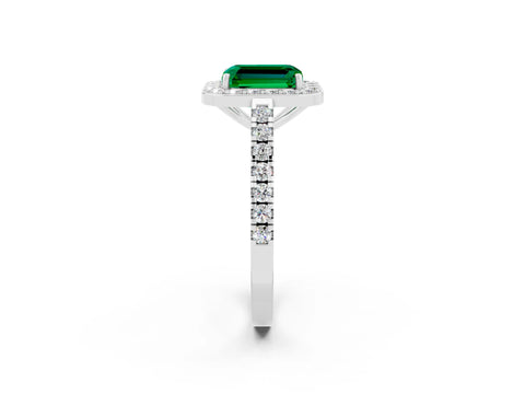 White gold Emerald Cut Halo Diamond Ring with Pavé Band and Three-Prong Setting_25