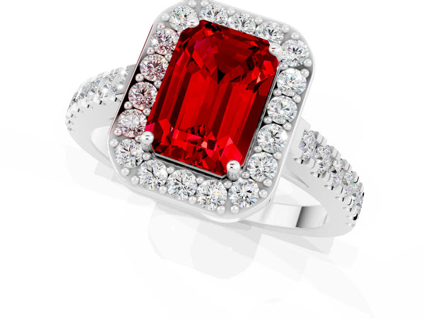 Platinum Emerald Cut Ruby Halo Ring with Round Pavé Split Shank and Prong Setting